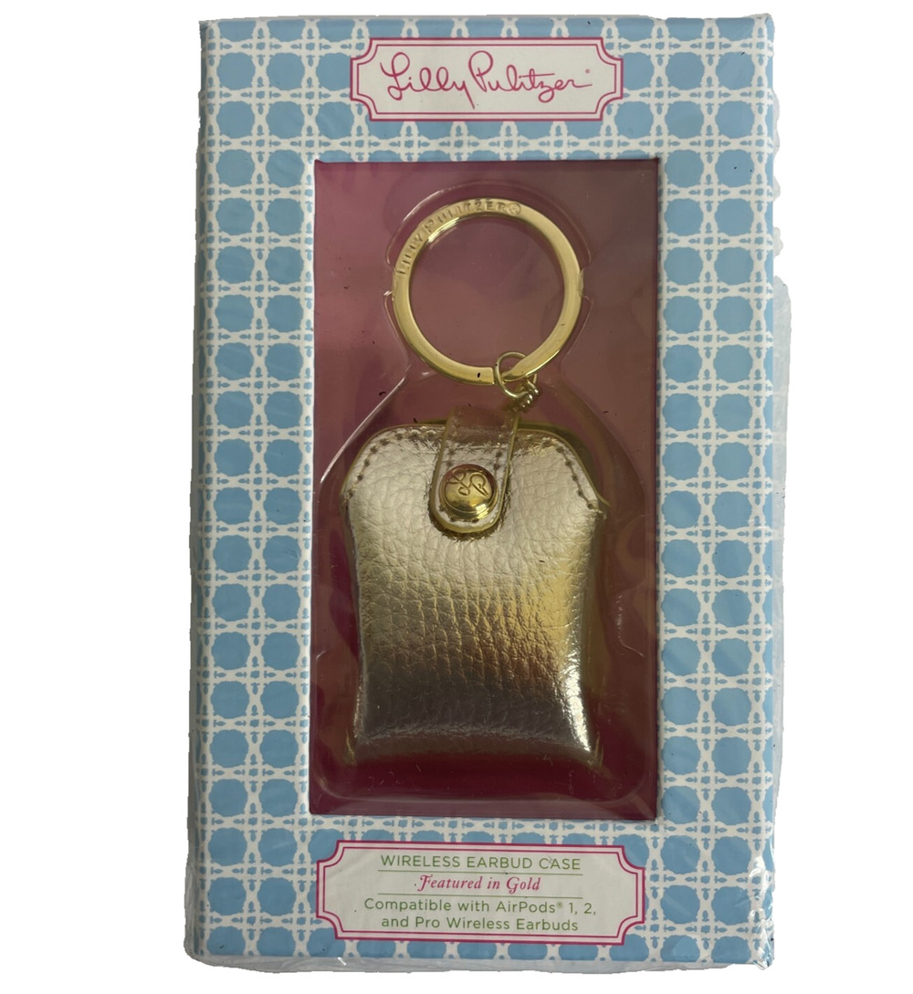Lilly Pulitzer Wireless Earbud Case Gold AirPods 1, 2, Pro Compatible Ring Clip
